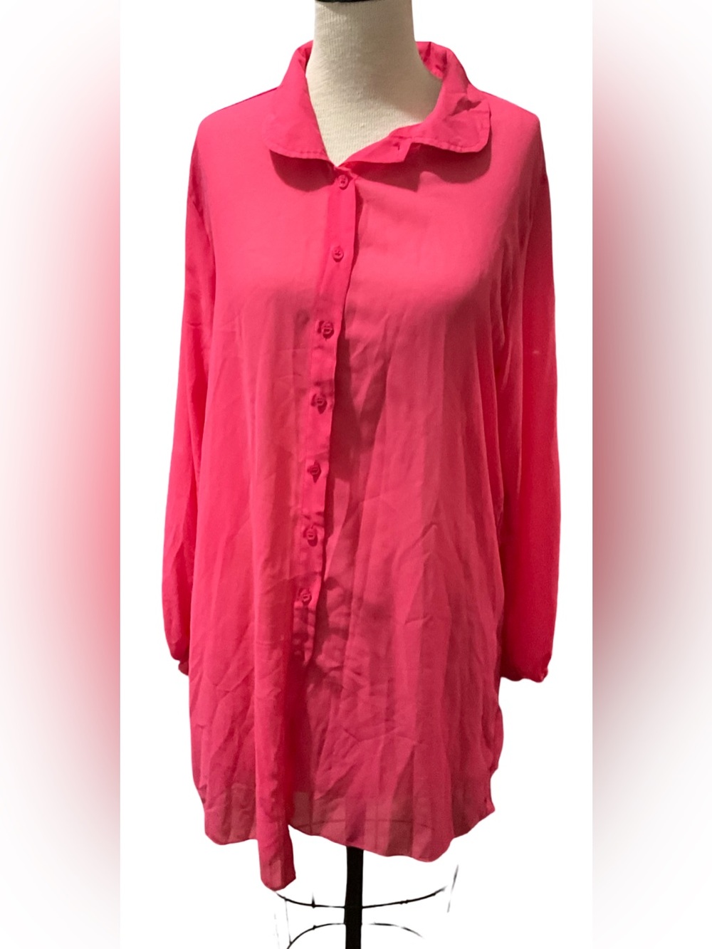 Hot Pink Sheer Button Front Long Sleeve Tunic Blouse Size L